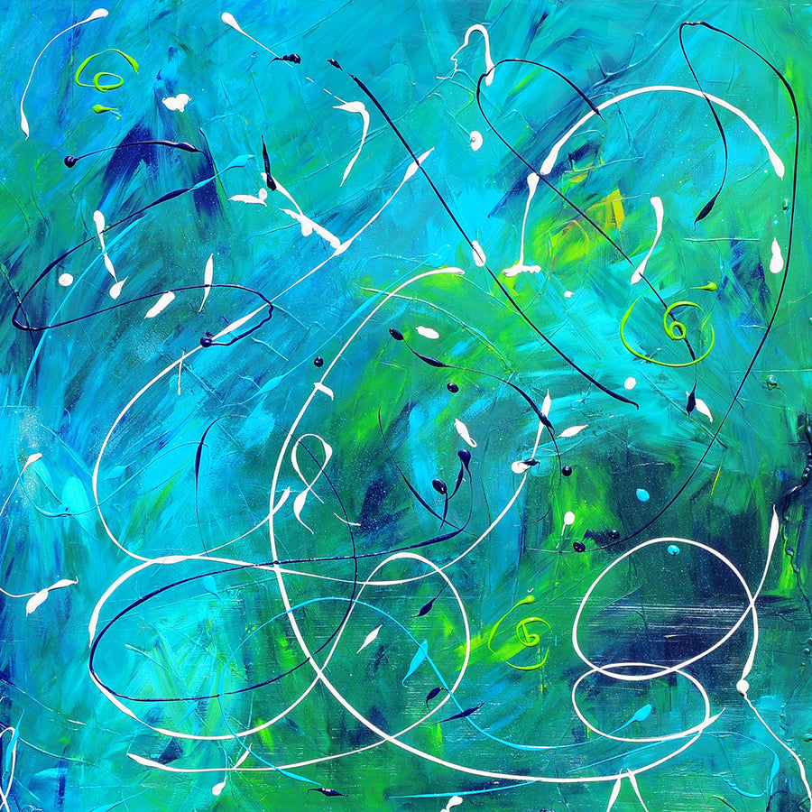 Abstract artwork reminiscent of swirling underwater currents in an aqua blue-green tropical sea.