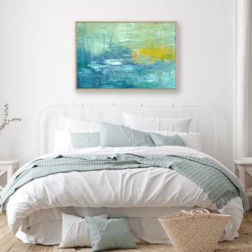 Abstract impressionist canvas art print in soft blue-green hues, displayed in an Australian Hamptons style interior.
