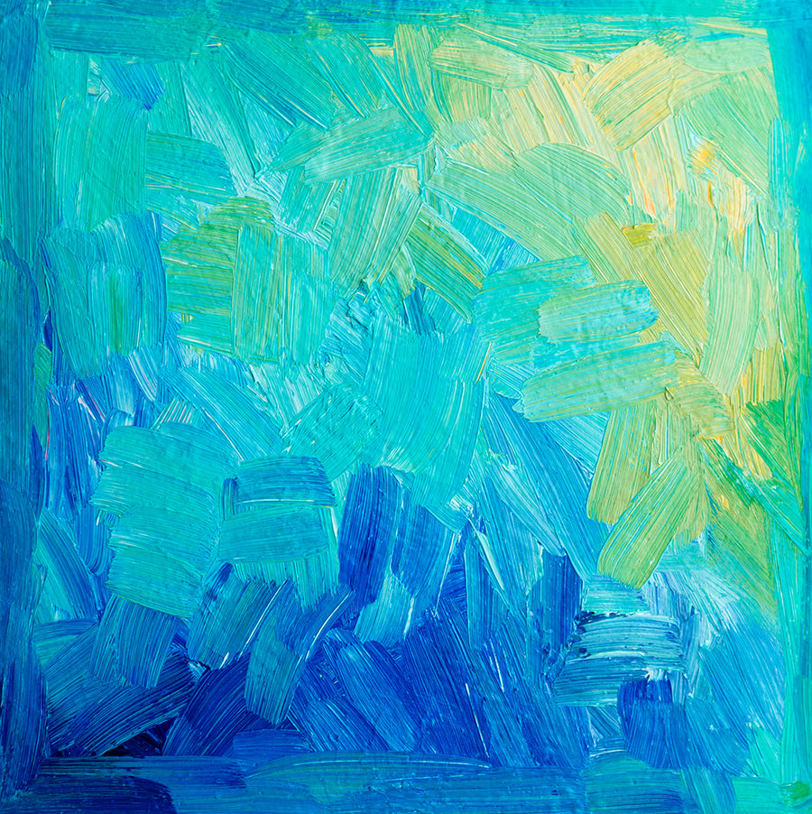 Abstract artwork featuring aqua, sapphire, and luminous pale yellow colours applied with bold brushstrokes