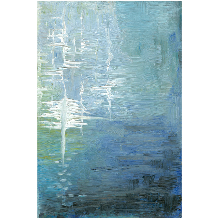 Abstract impressionist artwork of blue-green sea water illuminated by moonlight, with glimmering white reflections