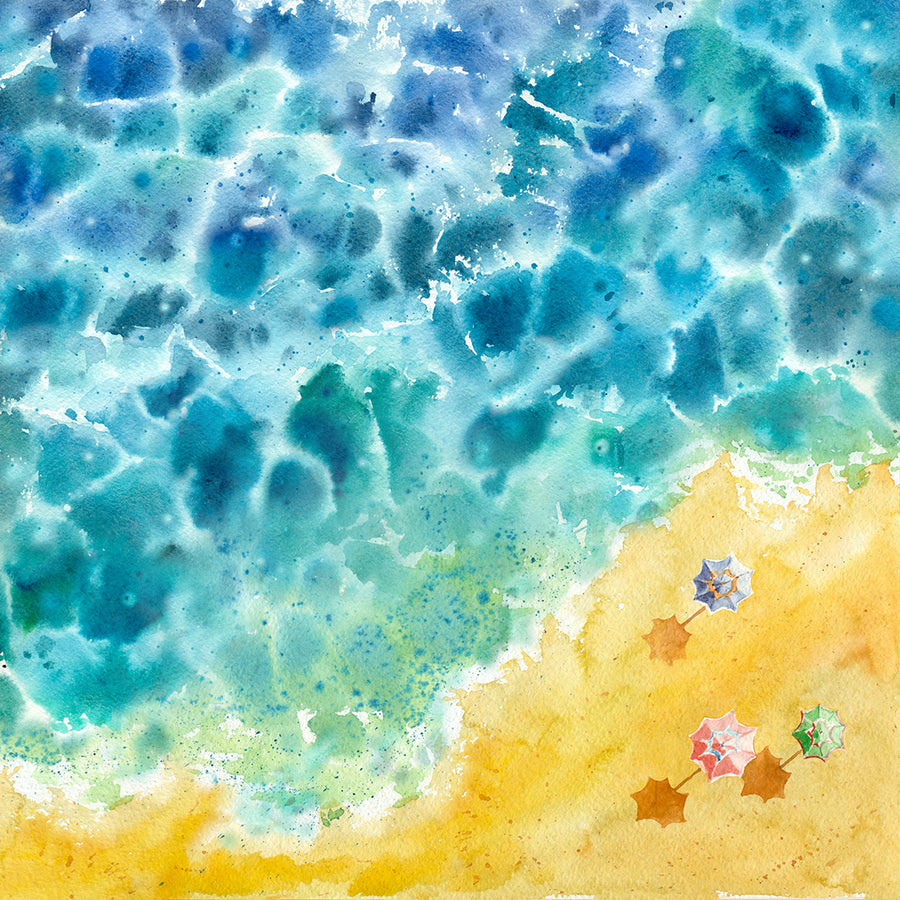 Beach art depicting an aqua-blue sea gently lapping a golden sandy beach adorned with colourful beach umbrellas.