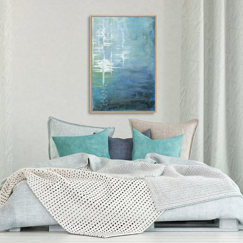 Abstract impressionist art print ofcalm blue-green sea water illuminated by moonlight, in a contemporary interior.