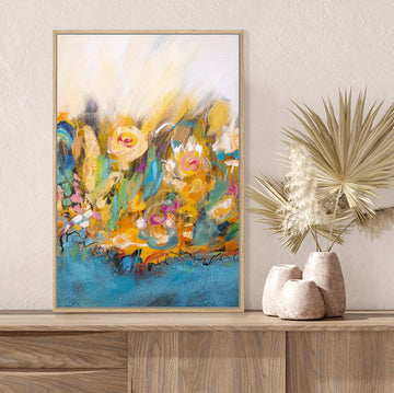 Colourful canvas art print with vibrant floral imagery in the rich coastal colours of coral and turquoise.